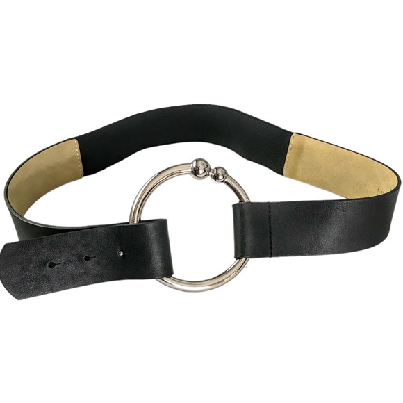 CHICO’S Stretch Belt Black with 4”Large Silver Ring Buckle Size Medium - Picture 13 of 14
